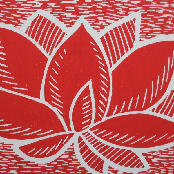 Original Lotus Scarlet Red Lino Block Print