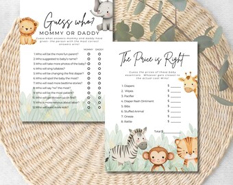Könnte beinhalten: Zwei druckbare Babyparty-Spielkarten mit Dschungel-Motiv. Die erste Karte ist ein "Errate wer? Mama oder Papa"-Spiel mit 12 Fragen. Die zweite Karte ist ein "Der Preis ist heiß"-Spiel mit einer Liste von Baby-Essentials und Platz zum Eintragen der Preisrätsel.