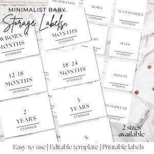 Peut inclure: Étiquettes de rangement imprimables pour vêtements de bébé, avec des tailles allant du nouveau-né à 3 ans. Les étiquettes sont blanches avec du texte noir et un design minimaliste. Le texte comprend "Storage" et la taille des vêtements, comme "Newborn Months", "12-18 Months", "2 Years", et "3 Years".