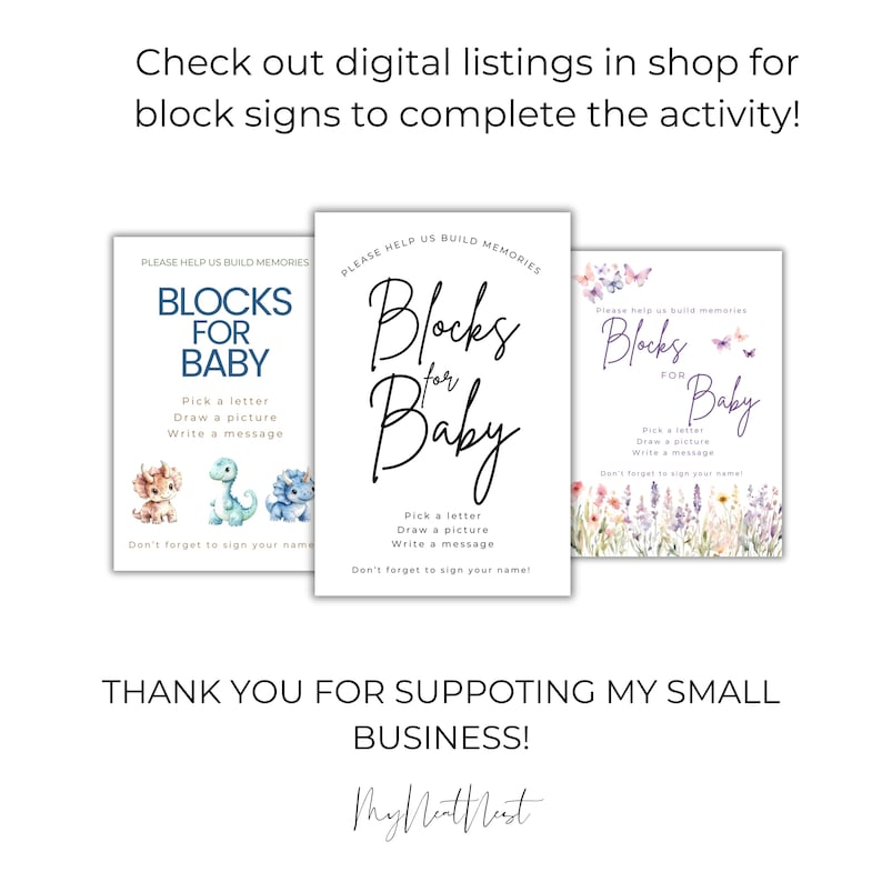 Op de afbeelding: Drie witte borden met de tekst "Blocks for Baby" en instructies om een letter te kiezen, een tekening te maken en een bericht te schrijven. De borden hebben verschillende bloemen- en dierillustraties. De tekst "Check out digital listings in shop for block signs to complete the activity!" staat bovenaan.