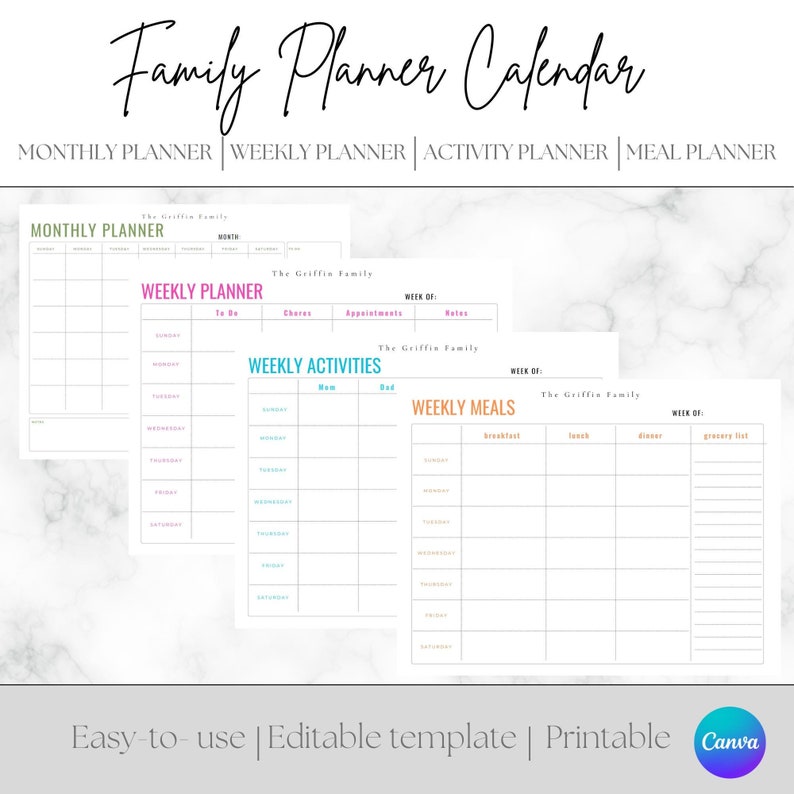 Printable Family Planner Calendar Monthly Planner Weekly Planner ...