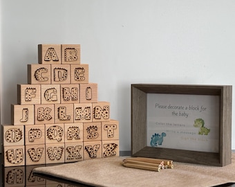 Baby Shower Activity: ABC Wooden Blocks, Dinosaur/Butterfly Theme