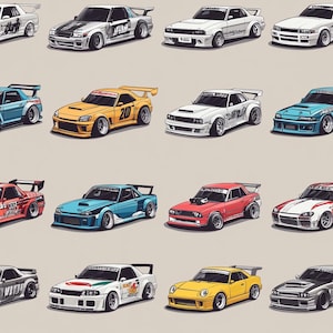 Peut inclure: Illustration de plusieurs voitures de sport de différentes couleurs, dont le blanc, le jaune, le bleu et le rouge. Chaque voiture a un design unique avec des spoilers et des détails de course. Les voitures sont disposées en grille sur un fond neutre.