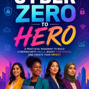 May include: A book cover titled Cyber Zero to Hero with the subtitle A Practical Roadmap to Build Cybersecurity Skills, Boost Confidence, and Create Your Impact. Four individuals stand in front of a digital city skyline with security icons.