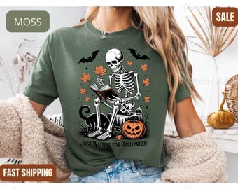 Comfort Colors Waiting for Halloween Skeleton Shirt, Halloween Books Shirt, Vintage Shirt, Reading Shirt, Books Shirt, Spooky Skeleton shirt