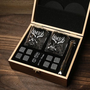 Personalized Whiskey Glass Set with Wooden Box, Whiskey Stone Set, Groomsmen Gift, Best Man Gift, Boyfriend Gift, Whiskey Gifts for Him Dad