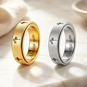 Anpassad korsspinnerring, böne-fidgetring, kristen ångestring, religiös ring för män/kvinnor, graverad minimalistisk ring, trosgåva