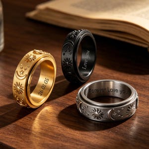 Anillo personalizado de sol, luna y estrella, anillo de acero inoxidable grabado a medida, banda de acero de titanio, anillo antiestrés, anillo giratorio, regalo para él y para ella.