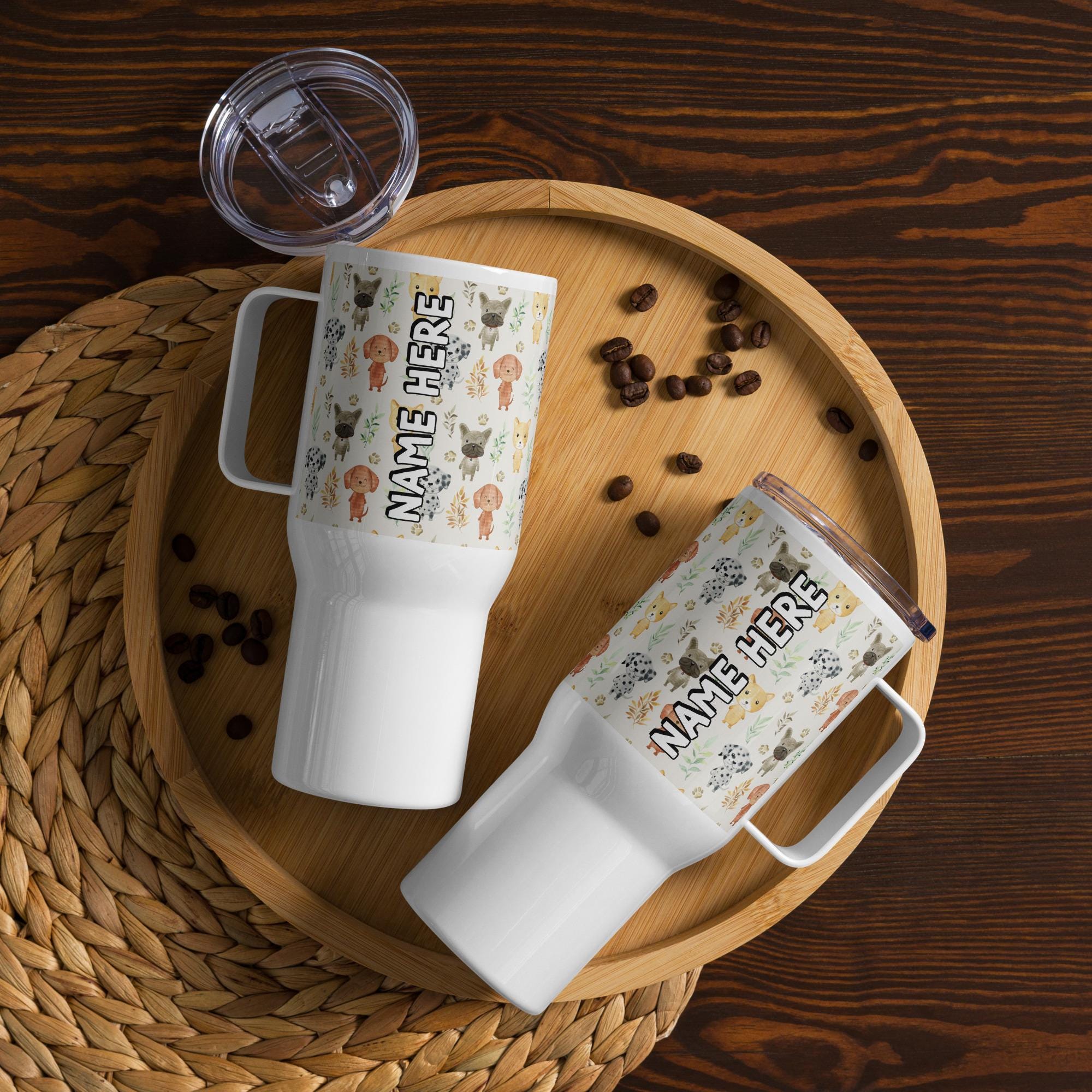 Custom Name Dog Lover Travel Mug With a Handle, Personalized Cute Puppy Tumbler, Customized Dog Mom Gift, Best Dog Dad Present, Puppy Mug