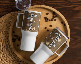Custom Name Dog Lover Travel Mug With a Handle, Personalized Cute Puppy Tumbler, Customized Dog Mom Gift, Best Dog Dad Present, Puppy Mug