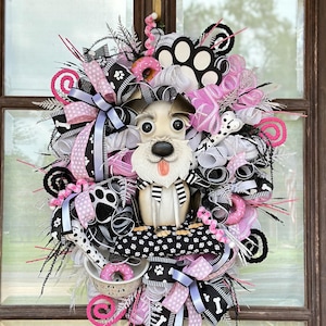 Dog Wreath for Front Door, Pink Black White Pet Decor, Handmade Dog Lover Wreath, Paw Print Wreath, Puppy Welcome Sign Wreath