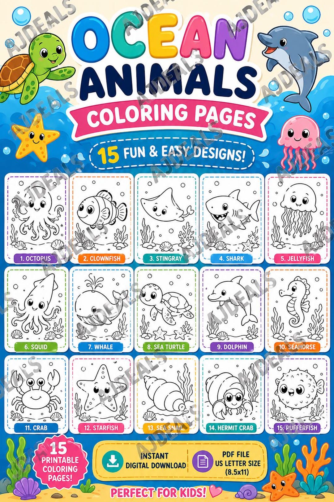 Ocean Animals Coloring Pages for Kids | 15 Printable PDF (digital ...