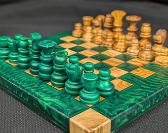 Handcrafted Olive Wood & Emerald Epoxy Chess/Checker Board – 10” Unique Artisan Design