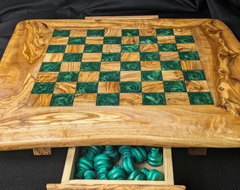 Handcrafted 18-Inch Olive Wood & Green Epoxy Resin Chess Set – Unique Artistic Game Board with Storage Drawers