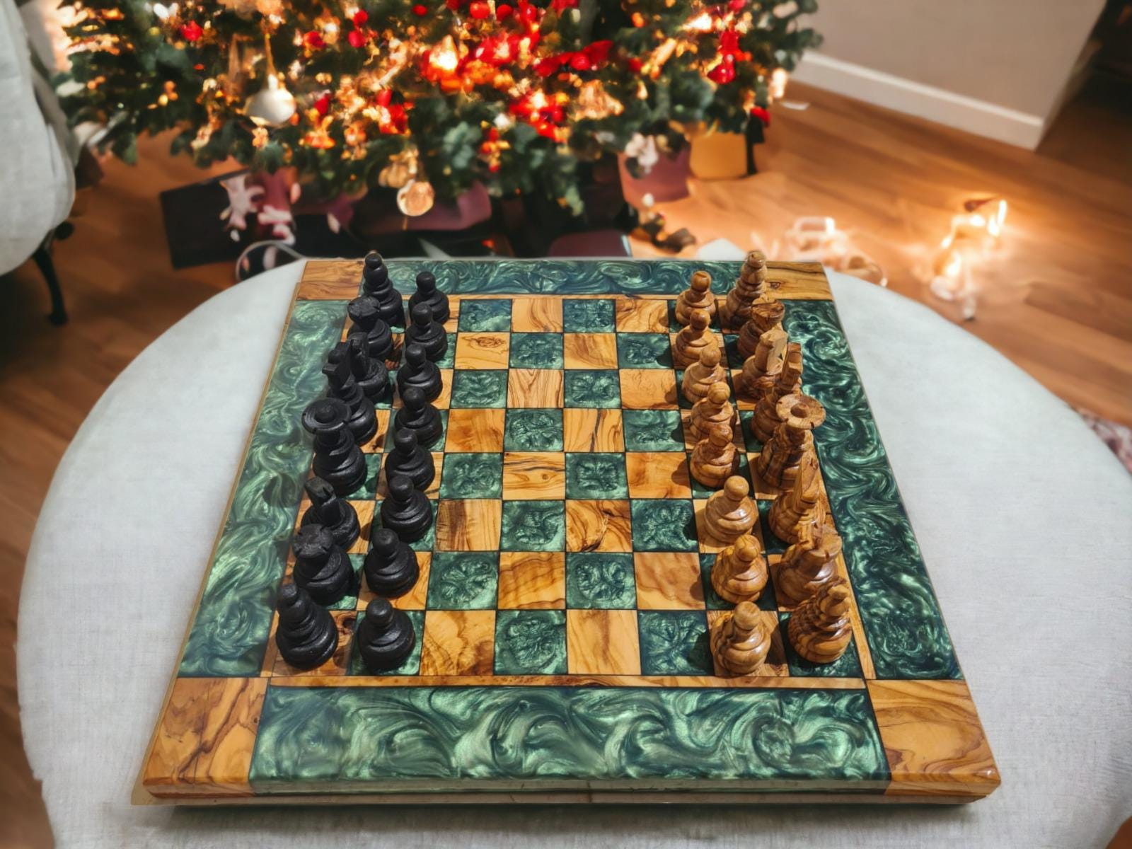 Elegant Wooden Chess Set, Wooden Chess Board, Handmade Chess Board with 32 Chess Pieces, Unique Chess Set, Resin Chess Board, Christmas Gift