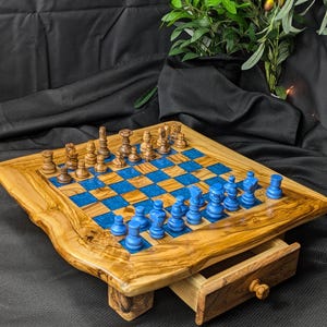 Handcrafted 14-Inch Olive Wood & Blue Epoxy Resin Chess Set – Unique Artistic Game Board with Storage Drawers