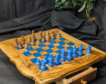 Handcrafted 14-Inch Olive Wood & Blue Epoxy Resin Chess Set – Unique Artistic Game Board with Storage Drawers