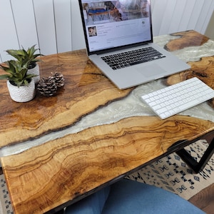 Handcrafted Olive Wood Coffee Table with White Epoxy Resin | Live Edge Table, natural wood table, unique coffee table,