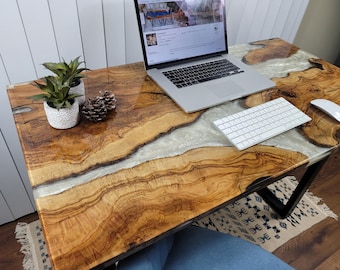 Handcrafted Olive Wood Coffee Table with White Epoxy Resin | Live Edge Table, natural wood table, unique coffee table,