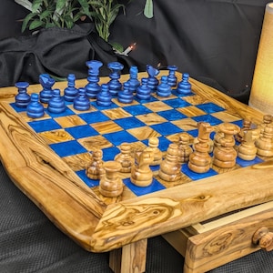 Handcrafted 18-Inch Olive Wood & Blue Epoxy Resin Chess Set – Unique Artistic Game Board with Storage Drawers