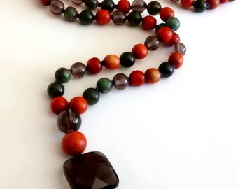 Red Wood, BC Jade & Smokey Quartz Knotted Necklace