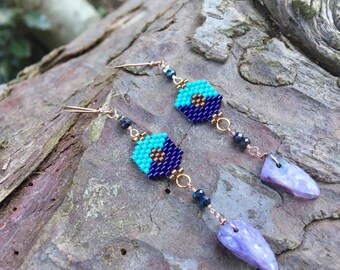 Peyote Stitch and Charoite Dangly Earrings