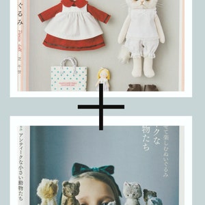 Pode incluir: Duas imagens mostrando uma boneca de gato branca vestindo um vestido branco e uma boneca de menina vestindo um vestido vermelho. A segunda imagem mostra uma menina olhando para uma fileira de cinco pequenos brinquedos de pelúcia.