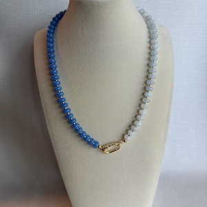 Blue and white beaded necklace with toggle clasp
