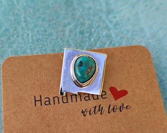 New Mexico sterling silver lapel pin - state outline design with natural Number 8 turquoise - small lapel pin ideal for jacket or hat