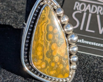 Ocean Jasper sterling silver ring - size 10 - stunning large statement ring - beautiful yellow and green unique cabachon embellished bezel