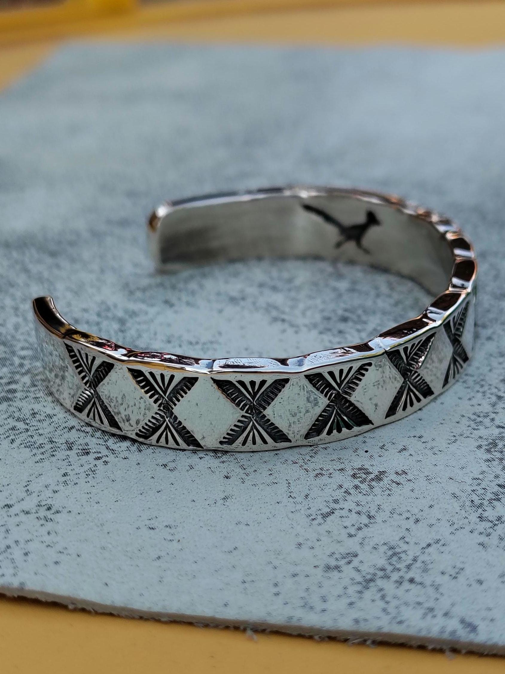 Sterling silver stamp pattern heavy cuff bracelet - fits 6" wrist (5" band with 1" opening) - Southwestern, handcrafted - 1.363 oz of .925