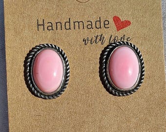 Pink queen conch shell sterling silver stud earrings - handmade Southwestern jewelry