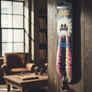 Puede incluir: Una patineta con un diseño de "Regreso al Futuro", con un gráfico del coche DeLorean y la palabra "Valterra". La tabla está montada en una pared de madera. Una persona sostiene una botella de cerveza cerca de la tabla.