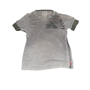 Könnte beinhalten: Graues kurzärmeliges V-Ausschnitt-T-Shirt mit dunkelgrauen Ärmeln und weißem Besatz. Das Shirt hat japanische Schriftzeichen und ein grafisches Design auf der Vorderseite. Ein kleines rotes Emblem befindet sich am unteren Saum.