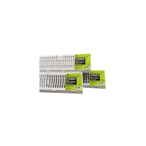 May include: Two white plastic baseboard diffusers, each 18 inches long, featuring a slatted design for airflow. Each unit has a bright green and black Everbilt brand label attached to the front, displaying product information and a barcode.