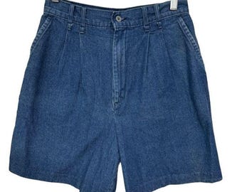 Vintage 90s Blue Pleated Jean Shorts, Vintage High Waist Pleated