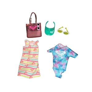 Barbie Roxy Beach Outfit Lot Dress Top Visor Bag Sunglasses Accessories Mattel