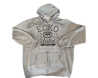 Y2K men Ecko Unltd Rhino Brand Zip Hoodie Gray Size L Streetwear Logo Sweatshirt