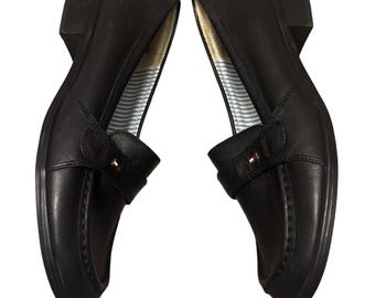Y2K Neue Tommy Hilfiger Schwarz Leder Loafers Damen 7.5 Deadstock