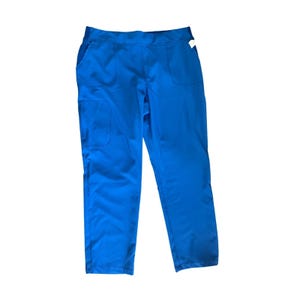 May include: Bright blue pants with two front pockets and a comfortable elastic waistband. The pants are made of a smooth, wrinkle-resistant fabric. The pants are a solid color and have a relaxed fit.
