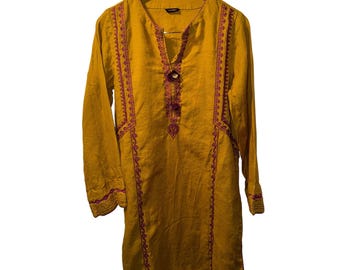 Sapphire Embroidered Kurta Women's Large Mustard Magenta Pakistani Tunic Top