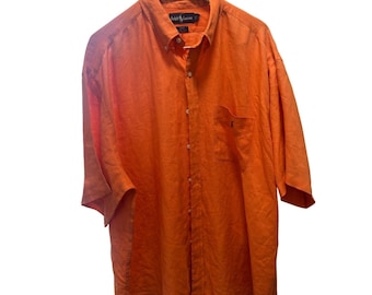 Camisa Ralph Lauren Blake 100% lino para hombre, talla 2XL, naranja, con botones delanteros y manga corta