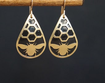 Bee Earrings, Handmade Jewelery, Drop Earrings, Brass Painted Earrings, OOAK, Bee Jewelry,