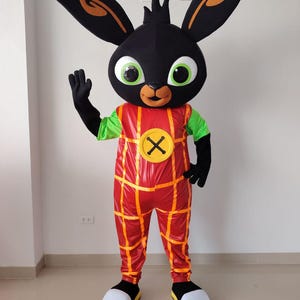 Könnte beinhalten: Ganzkörperkostüm einer Cartoon-Kaninchenfigur. Der schwarze Kaninchenkopf hat große grüne Augen und lange Ohren. Der rot-gelb karierte Overall hat einen großen gelben Knopf mit einem X. Das Kostüm hat schwarze Handschuhe und Schuhe.