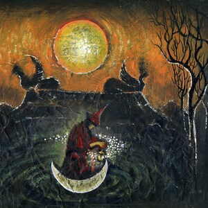 Arte originale, dipinto sole luna, su carta A4 21x29.7 cm - Only consciousness can illuminate a dark landscape - ARTWORK Painting sculpt