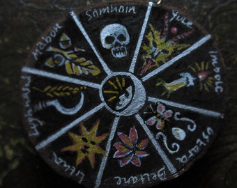 Wheel of the year, pagan art- original painting on wood - pendant or mini wall art