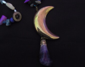 moon necklace, vintage Moon,  purple Amethyst, whimsygoth, boho, purple beads  - Gemstone vintage jewelry