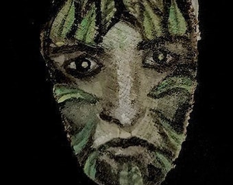 Green Man Green Lady or Green forest spirit s wood slice - original painting on wood - pendant or mini wall art