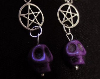 Pentacle pentagram Skull witch earrings sterling silver  - dark pagan witch