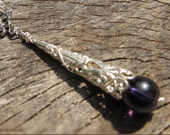 Wild witch faerie wand elven necklace with purple glass bead- Gemstone vintage jewelry